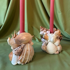 Seashell Mosaic Tapered Candle Holders Upcycled Handmade Coastal Art by Kendall