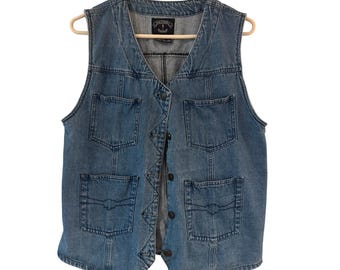 Colete jeans vintage dos anos 90 Solutions, colete jeans médio com 4 bolsos, peça em camadas grunge Y2K