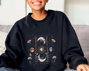 Mystical Boho Sweatshirt for Women, Moon Phases, Sun & Flowers, Astrology Sweater for Autumn/Winter, Gift Idea