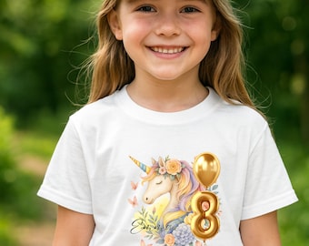 Maglietta di compleanno con unicorno per bambine, maglietta personalizzata con unicorno, nome e numero, abbigliamento per il compleanno dei bambini, regalo per bambine