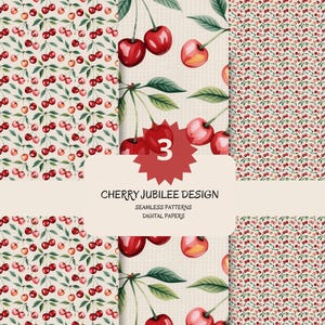 Puede incluir: Diseños de papel digital con patrones de cerezas en acuarela. La imagen muestra varios patrones, incluyendo cerezas dispersas y ramas de cerezo. El texto dice "Cherry Jubilee Design", "Seamless Patterns" y "Digital Papers".
