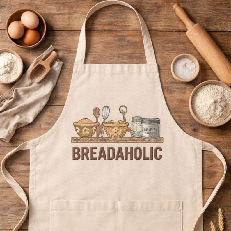 May include: Beige apron with a pocket, featuring a shelf design with bowls, spoons, and jars. The apron has the word "BREADAHOLIC" printed in brown. Baking ingredients and tools are arranged around the apron on a wooden surface.
