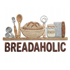 May include: Embroidered design featuring bread-making tools and a loaf of bread in a basket. Includes a rolling pin, wooden spoon, whisk, jar labeled "Starter", and a bread knife. The word "BREADAHOLIC" is displayed below the shelf.