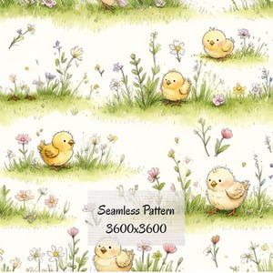 Peut inclure: Un motif sans couture avec des poussins jaunes dans un champ herbeux avec des fleurs sauvages. Le motif comprend des fleurs roses, blanches et violettes, avec le texte "Seamless Pattern 3600x3600" en bas. Le thème général est le printemps et Pâques.
