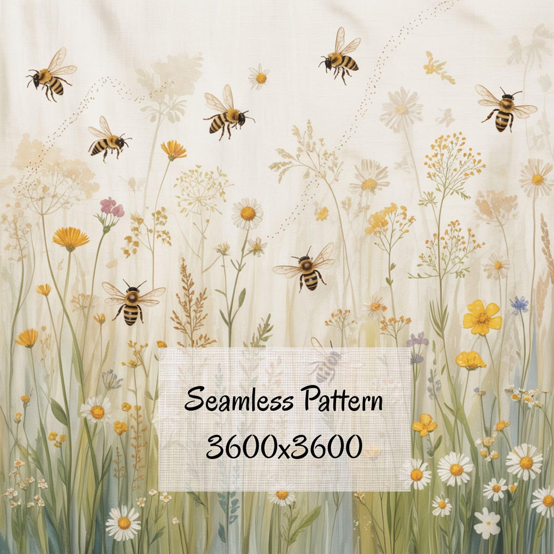 Bee Walk Pattern Bee Meadow Seamless Pattern, Wildflower Bees in Flight Botanical ...
