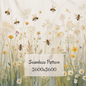 Può includere: Motivo senza cuciture con api e fiori selvatici. Il design presenta fiori gialli, bianchi e verdi con api in volo. Il testo "Seamless Pattern" e le dimensioni "3600x3600" sono visualizzati.