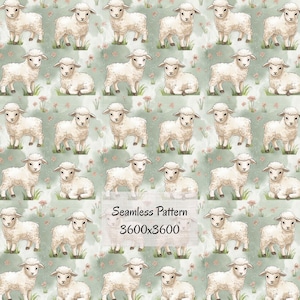 Op de afbeelding: Een naadloos patroon met aquarel illustraties van witte schapen op een zachte groene achtergrond met bloemaccenten. De tekst "Seamless Pattern 3600x3600" wordt weergegeven. De schapen staan in verschillende poses.