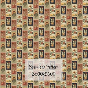 May include: A seamless pattern featuring rectangular panels with botanical illustrations. Each panel displays a sunflower, tomato, and other vegetables. The color palette includes shades of beige, brown, and green. The text "Seamless Pattern 3600x3600" is overlaid on the image.