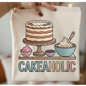 Cakeaholic PNG | Cake Baker Shirt Design | Pastel Baking Graphic | Embroidered Style  Cake Illustration