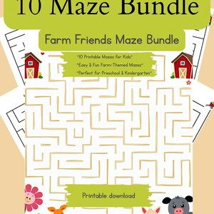 Peut inclure: Un ensemble de 10 labyrinthes imprimables pour enfants, sur le thème de la ferme. L'image comprend un motif de labyrinthe, des illustrations d'animaux de la ferme et le texte "10 Maze Bundle" et "Farm Friends Maze Bundle". Les labyrinthes sont conçus pour la maternelle.