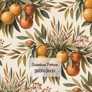 Op de afbeelding: Naadloos patroon met aquarel sinaasappels, groene en bruine bladeren en kleine rode bessen op een crèmekleurige achtergrond. De tekst "Seamless Pattern" en afmetingen "3600x3600" worden weergegeven.