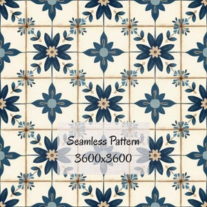 May include: Seamless pattern featuring a repeating floral design in navy blue and beige. The pattern includes stylized flowers and leaves, with the text "Seamless Pattern 3600x3600" in the center. The design is suitable for various applications.