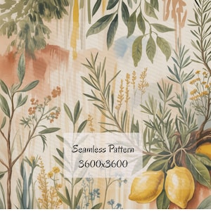 May include: Watercolor seamless pattern featuring botanical elements, including leaves, branches, and lemons. The design incorporates a soft color palette of greens, yellows, and browns. The text "Seamless Pattern 3600x3600" is displayed in a white rectangle.