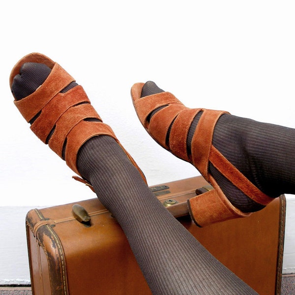 1960s High Heels / 60s Rust Suede Sandal Heels / 8.5M