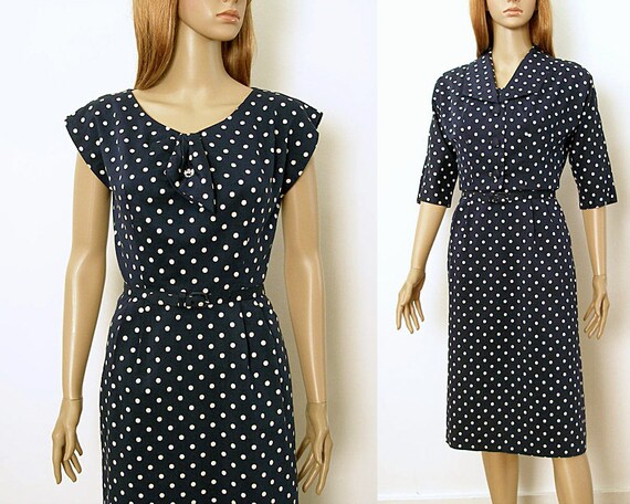navy blue dress with white polka dots