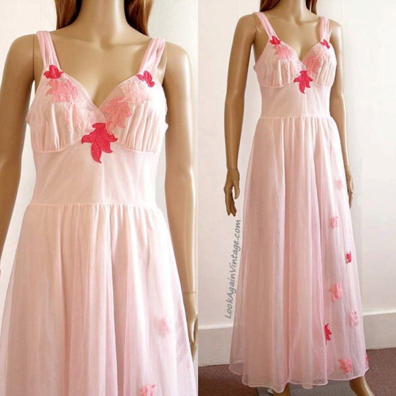 Pale Pink Long Nightgown Vintage 1950s Chiffon Lace Van Raalte Nightgown Lingerie Small