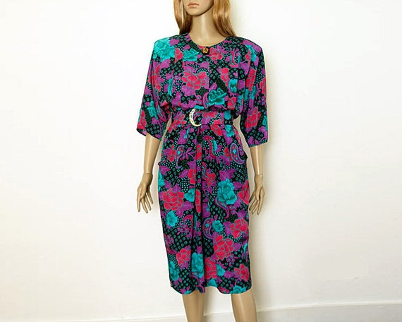 Black Colorful Florals Dress Vintage 1980s Curvy