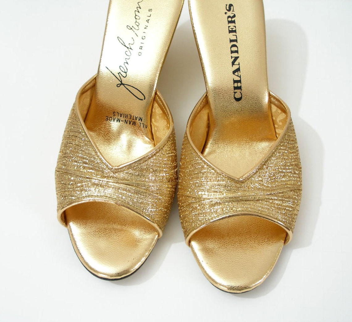 1950s Wedge High Heel Shoes Slides GOLD LAME 6B Etsy