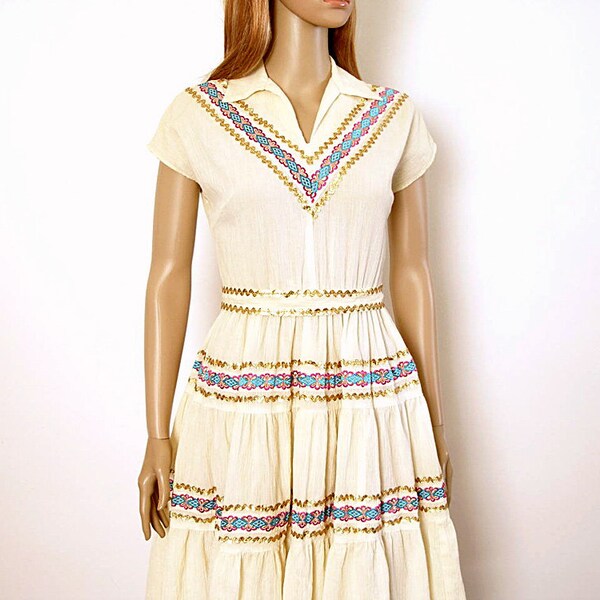 Vintage 50s Dress Cream Gold Fiesta Square Dance Dress / Small