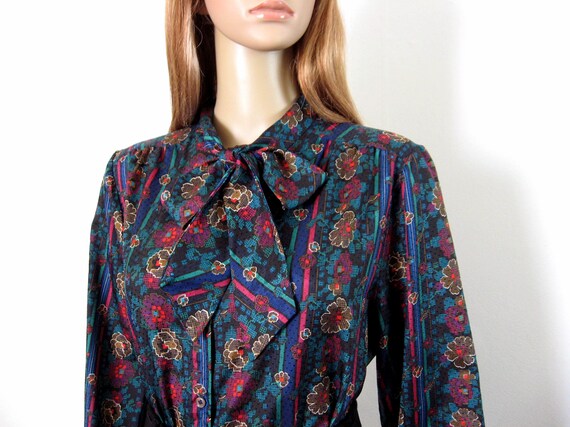 Striped Floral Colorful Blouse Vintage 1980s Tie N