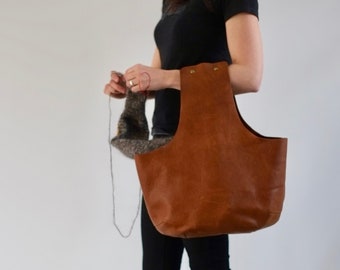 Brown Leather knitting bag, Leather bag for knitting or crochet, Yarn bag made of brown leather