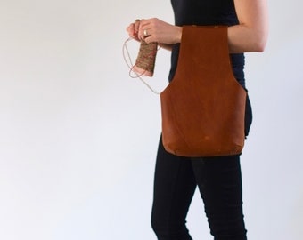 Leather knitting bag, Project bag in leather, Brown leather tote, leather yarn bag, Leather project bag