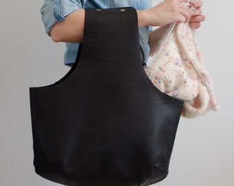 Black leather knitting bag, Large project bag made of black leather, Luxury knitter's bag