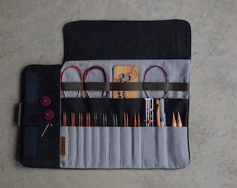 Estuche de aguja de tejer, Estuche de aguja circular, Organizador de aguja de mezclilla azul oscuro, Estuche de ganchillo