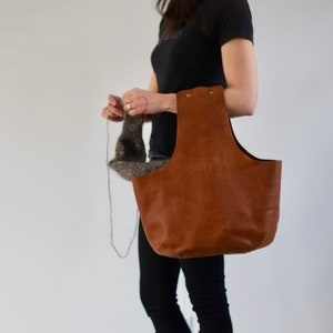 Brown Leather knitting bag, Leather bag for knitting or crochet, Yarn bag made of brown leather