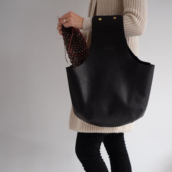 Large Black Leather Knitting Bag, Wrist Tote