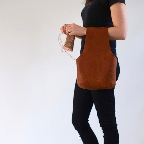 Leather knitting bag, Project bag in leather, Brown leather tote, leather yarn bag, Leather project bag