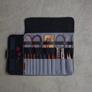Knitting needle case in dark blue denim, Best of Case, Interchangeable needle set storage in blue and white stripes, crochet case