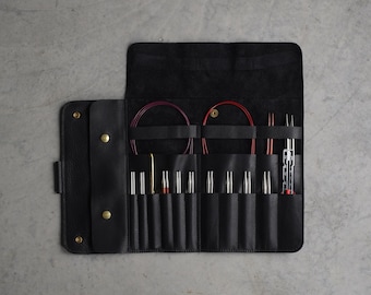 Black Leather Best of Case, Leather case for interchangeable needle kit, Knitting needle case, crochet case