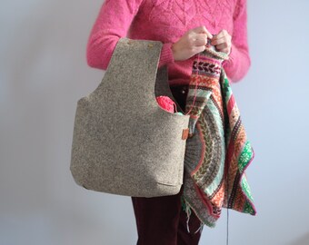 Large Felt knitting bag, Wool project wristlet for knitting, Felt yarn basket