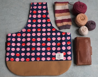 Large knitting bag with tomatoes, Large pouch for knitting on the go with Ruby Star society fabric