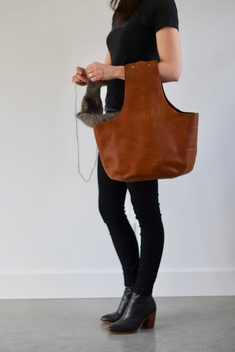 Brown Leather knitting bag, Leather bag for knitting or crochet, Yarn bag made of brown leather image 1