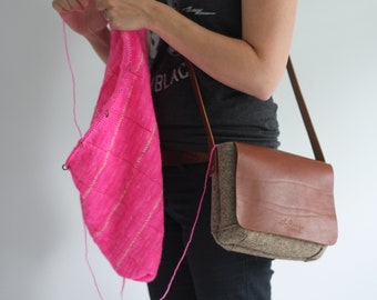 Crossbody knitting bag, leather and felt small bag, minimalist handbag