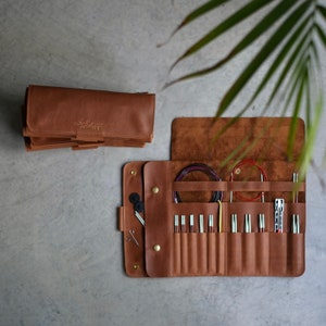 Brown leather needle case, Best of Case for interchangeable needle set, Leather case for knitting needles, Crochet case