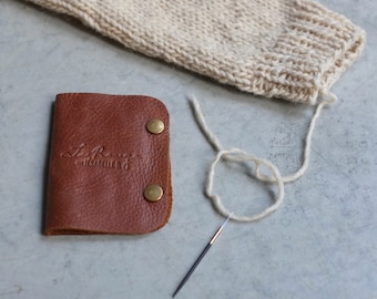 Leather needle book,Brown leather booklet for tapestry needles, Felt for mending needles