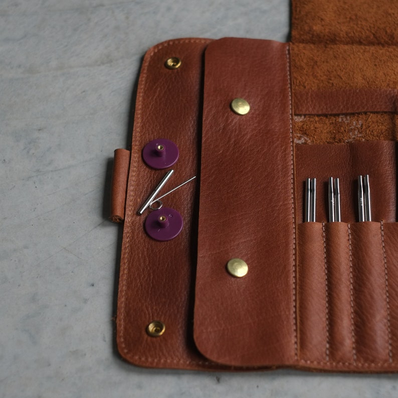 Brown leather needle case, Best of Case for interchangeable needle set, Leather case for knitting needles, Crochet case image 7