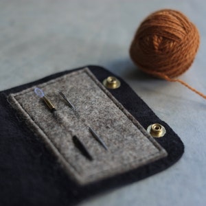 Black leather needle book, Needle storage in leather and felt, Case for mending and darning needles image 6