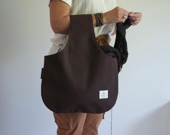 Large chocolate brown project bag, Large knitting bag, Knitting wristlet