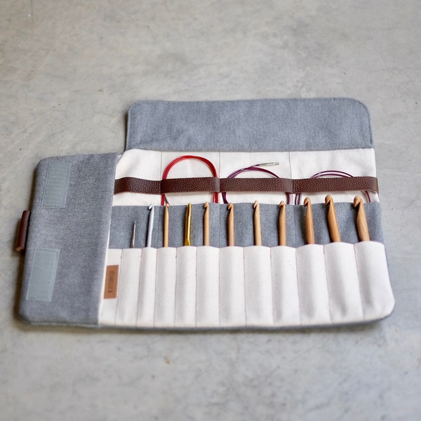 Crochet case, Knitting needle case in gray denim, Best of Case, Interchangeable needle set storage