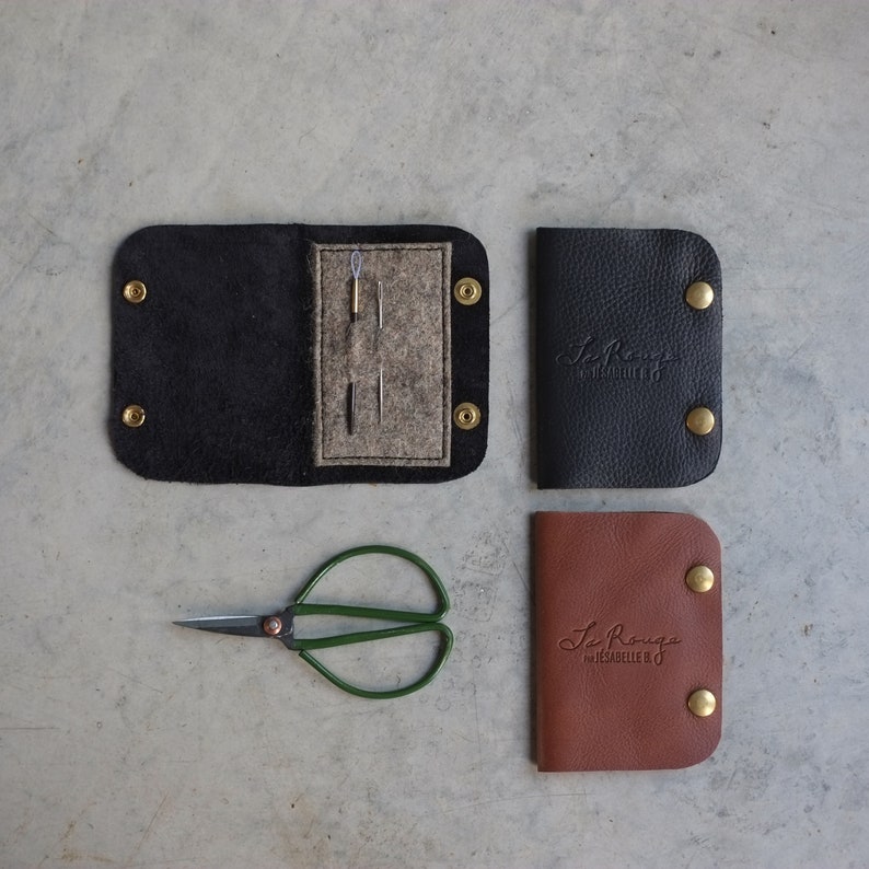 Black Leather Needle Book, Darning Needle Storage Case with felt image 9