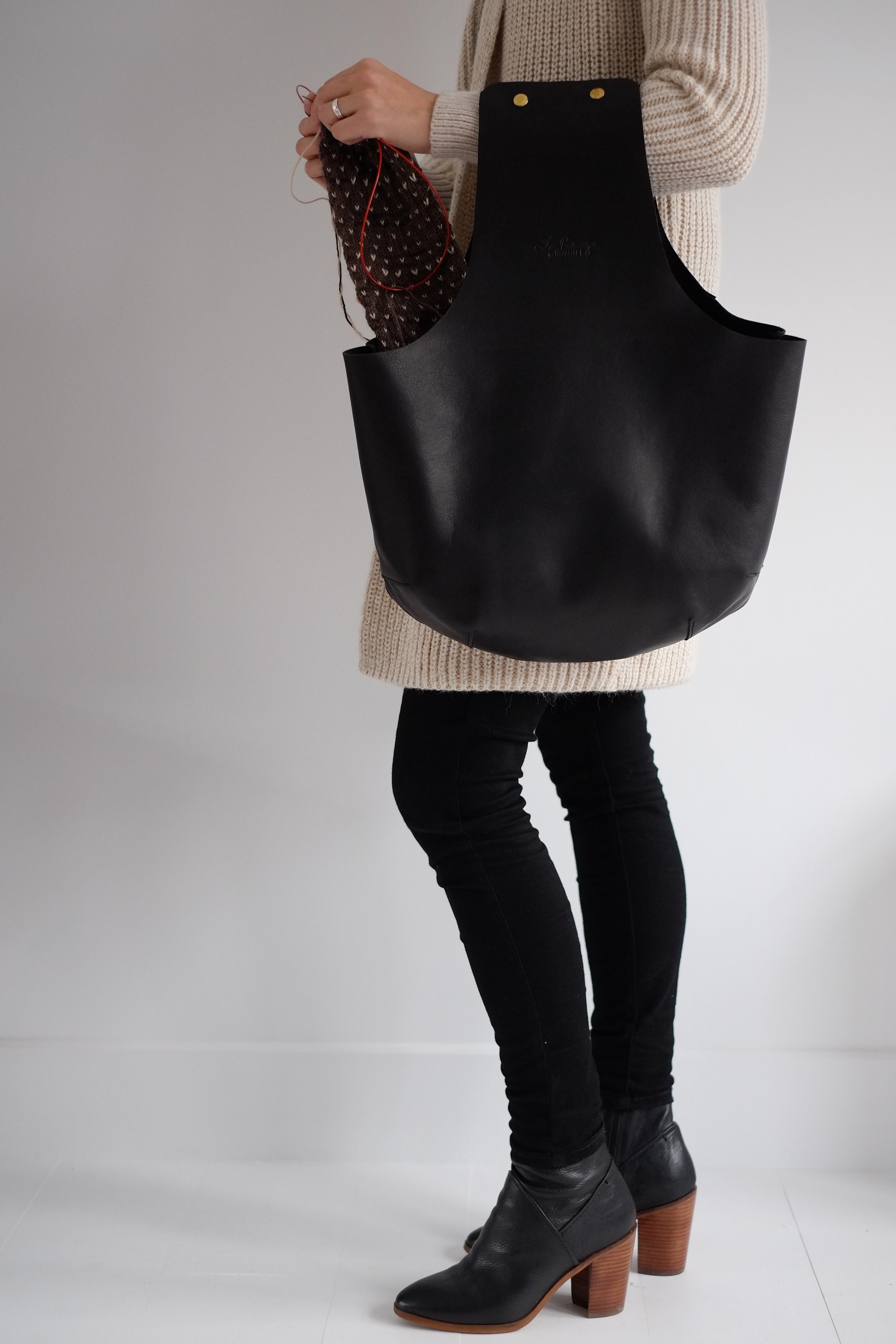 Black leather knitting bag Large project bag made of black Etsy