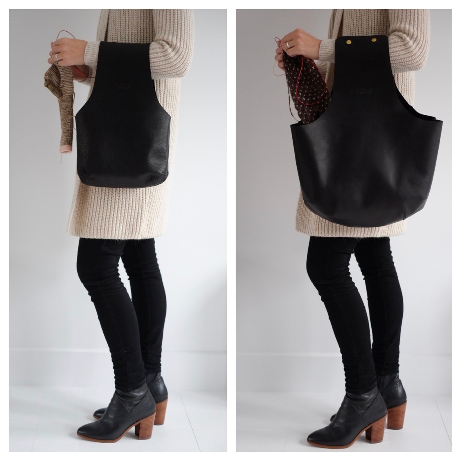 Black Leather Knitting Bag Medium Leather Knitting Wristlet Etsy