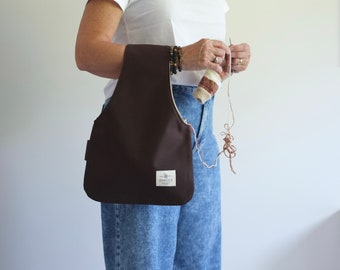 Project bag in chocolate brown Medium, Knitting bag, crochet bag