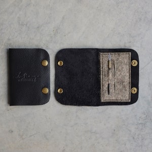 Black Leather Needle Book, Darning Needle Storage Case with felt image 2