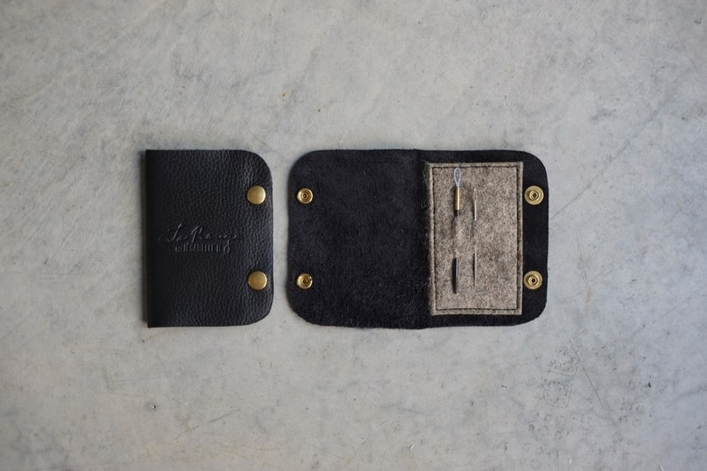 Black Leather Needle Book, Darning Needle Storage Case with felt image 2