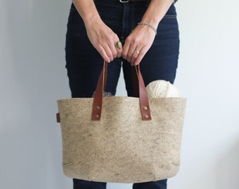 Felt Basket, felt and leather knitting basket, wool basket for storage, Knit night bag